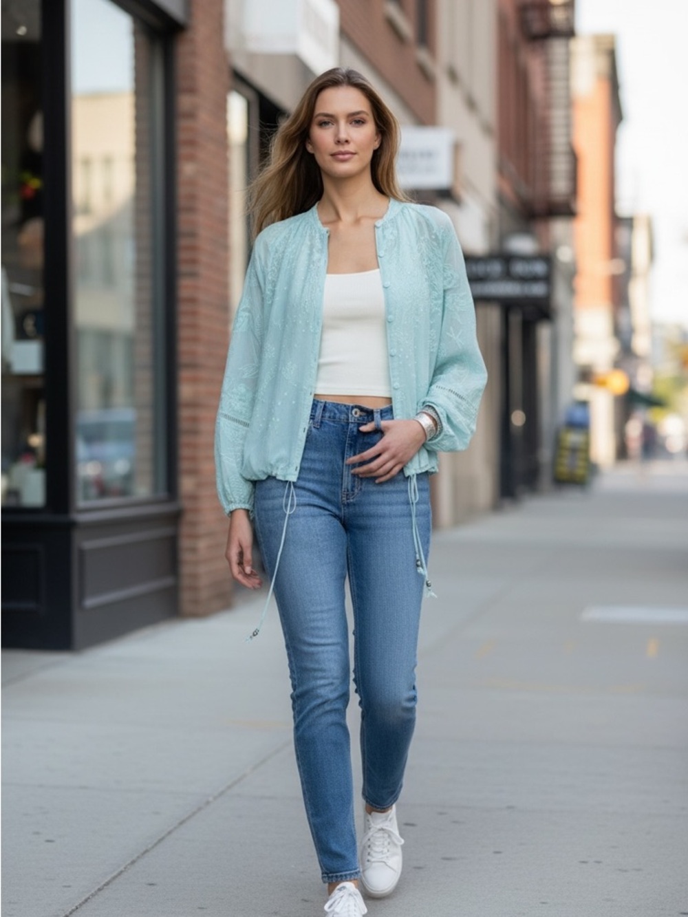 Johnny Was Gwyn Meadow Jacket Light Mint Embroidered Bomber Jacket—NWOT